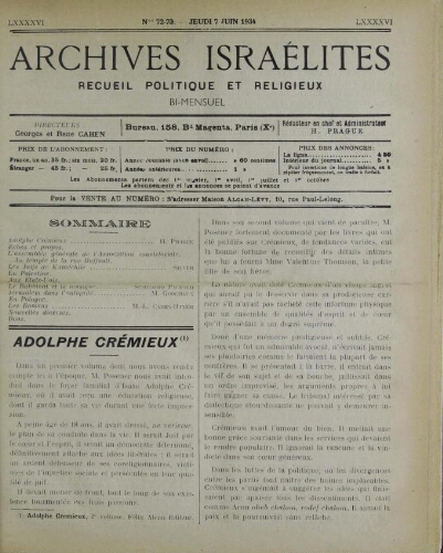 Archives israélites de France. Vol.96 N°72-73 (07 juin 1934)